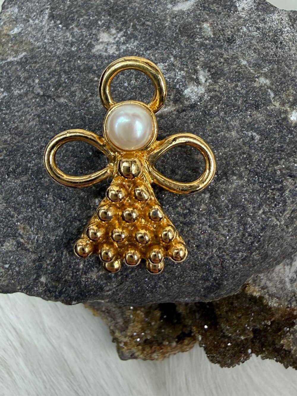 Vintage JJI Angel Pearl & Gold Tone Brooch Pin 1.25" X 1"